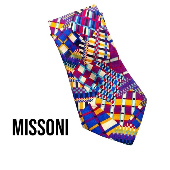 Vintage 80’s Missoni Color Block Design Colored Cravatte Silk Tie - Picture 1 of 4